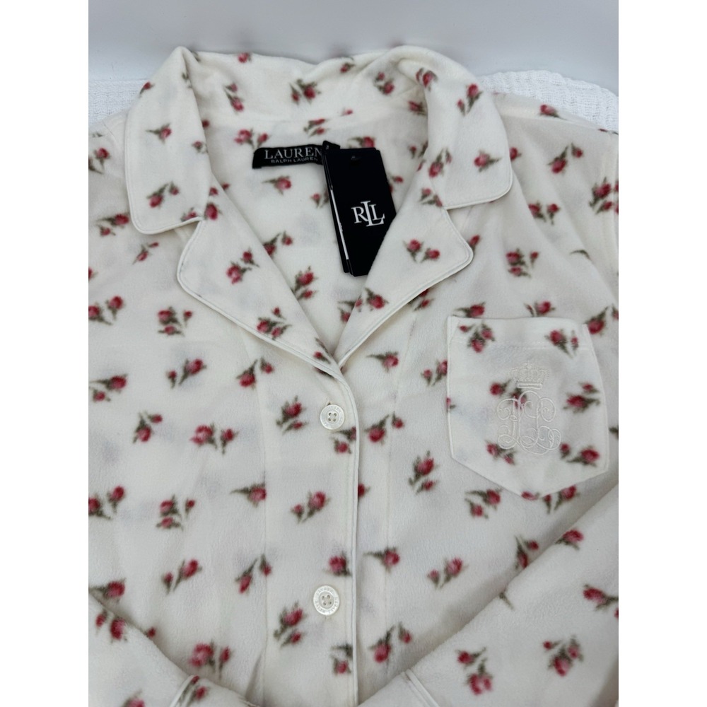 New Lauren Ralph Lauren Fleece 2 Pc Pajamas Pjs Cream Rose Floral Monogram